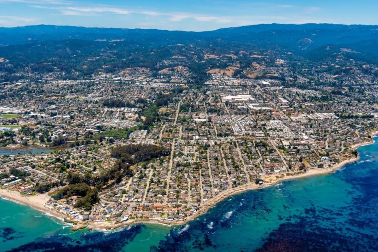 The aerial view of the city of Santa Cruz in Northern California on a sunny day