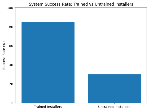 Bar chart comparing solar system success rates: trained installers at 85% success versus untrained installers at 30% success.