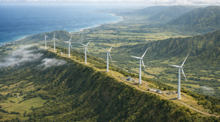 Chatgpt generated: Onshore wind turbines along an Oʻahu ridgeline illustrating existing wind generation on the island.