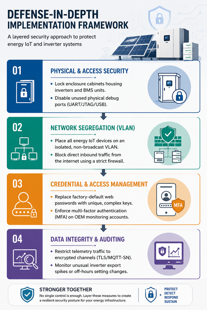 Defense-in-depth cybersecurity framework flowchart for solar integrators showing steps for physical security, network VLAN segregation, access management, and data auditing.