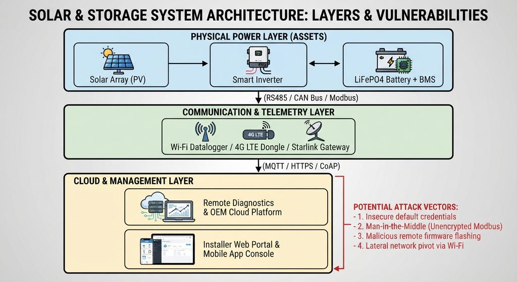 IoT solar energy system architecture diagram showing digital attack surfaces across physical assets, communication telemetry, and cloud networks.
