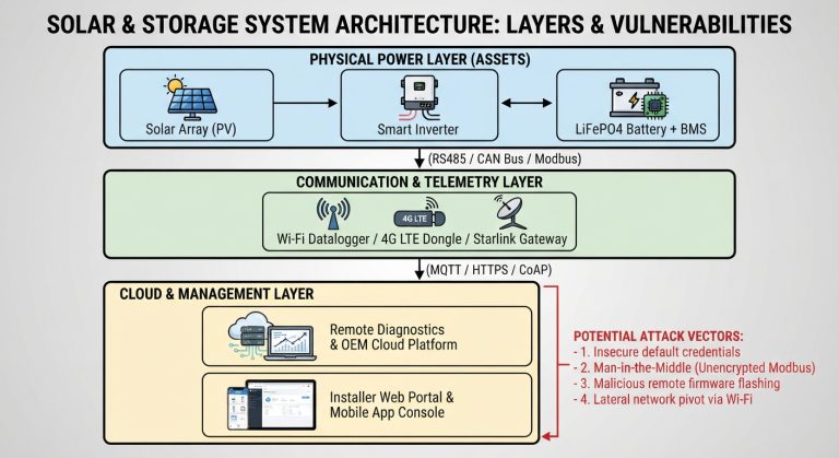 IoT solar energy system architecture diagram showing digital attack surfaces across physical assets, communication telemetry, and cloud networks.